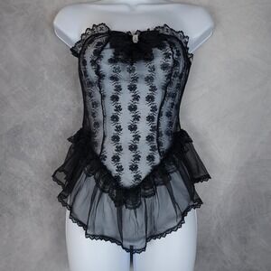 Vntg Lace Bustier Top Womens Small Corset Sheer Ruffle Lingerie Whimsy Goth